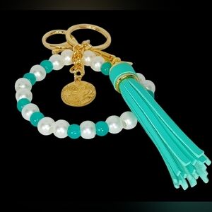 Beaded Bag Charm Key Charm Pearls Crystal Teal Tassel Gold Coin Medallion Beachy